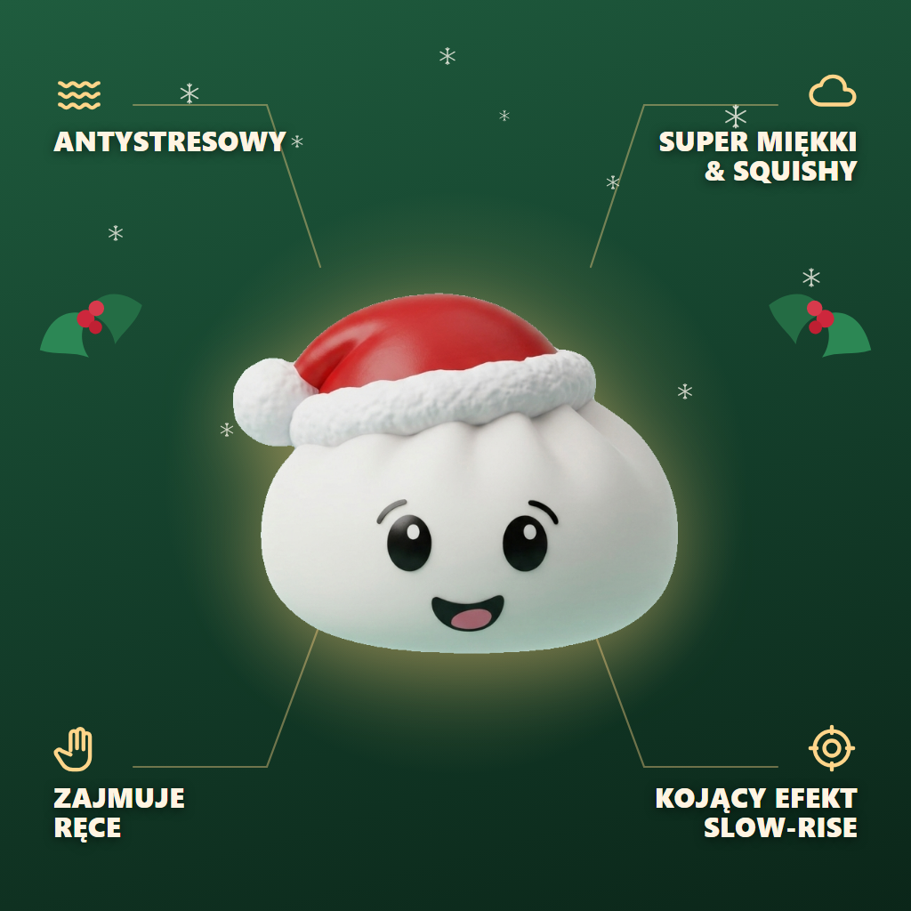 Christmas Hat Dumpling Squishy Biały infografika: najważniejsze zalety
