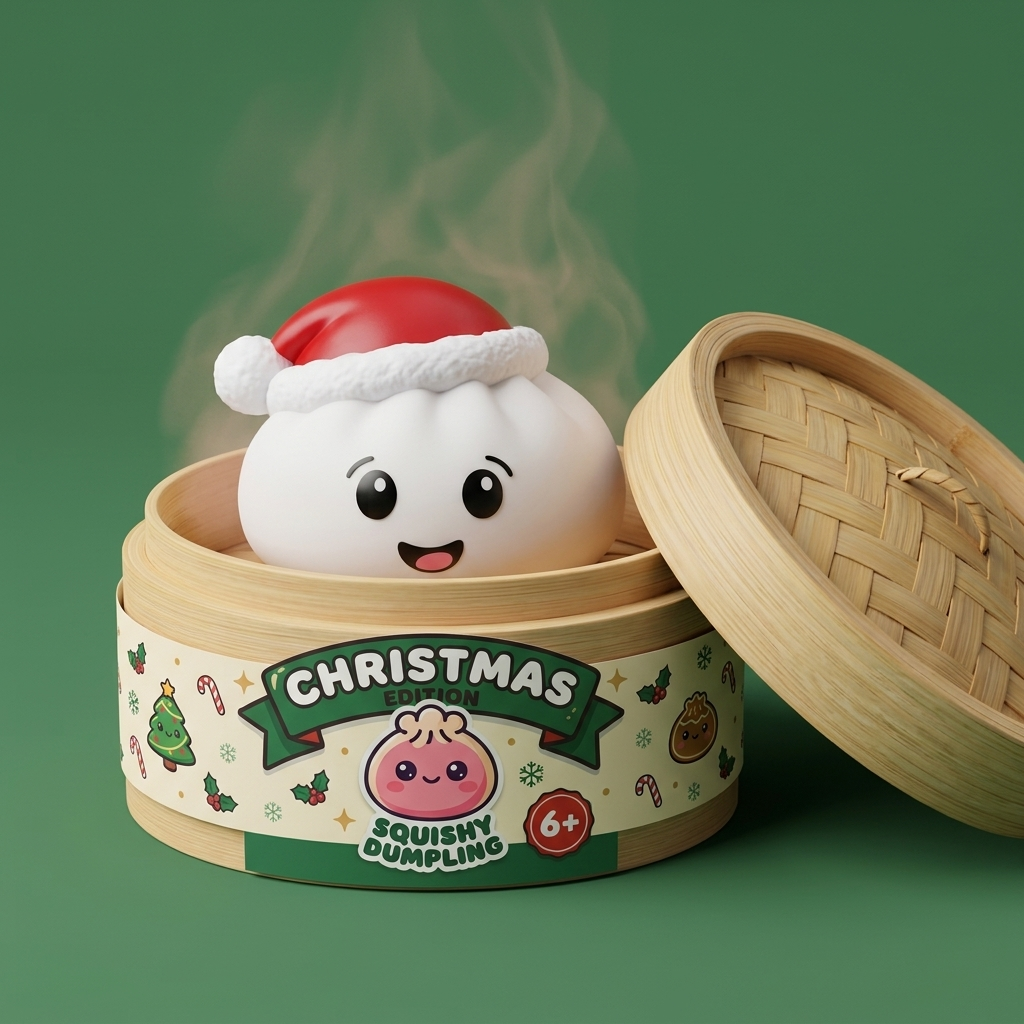 Christmas Hat Dumpling Squishy Biały w bambusowym koszyku