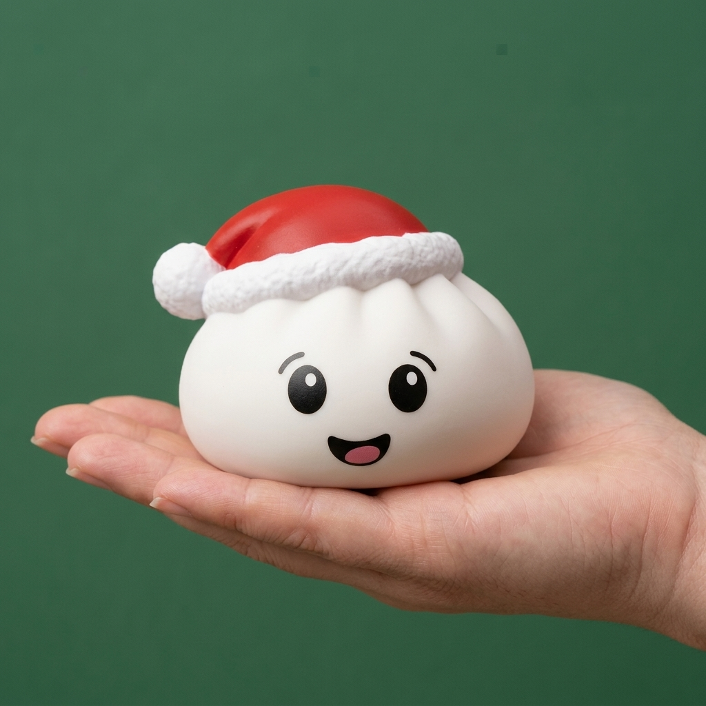 Christmas Hat Dumpling Squishy Biały w dłoni — porównanie rozmiaru