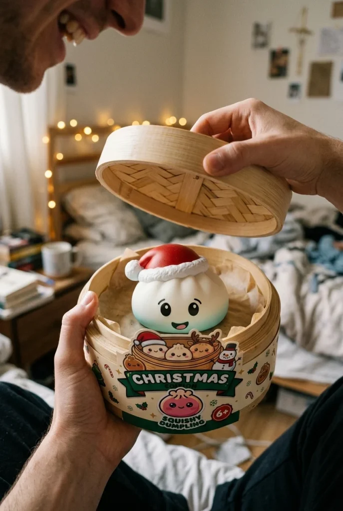 Christmas Hat Dumpling Squishy Biały podczas rozpakowywania