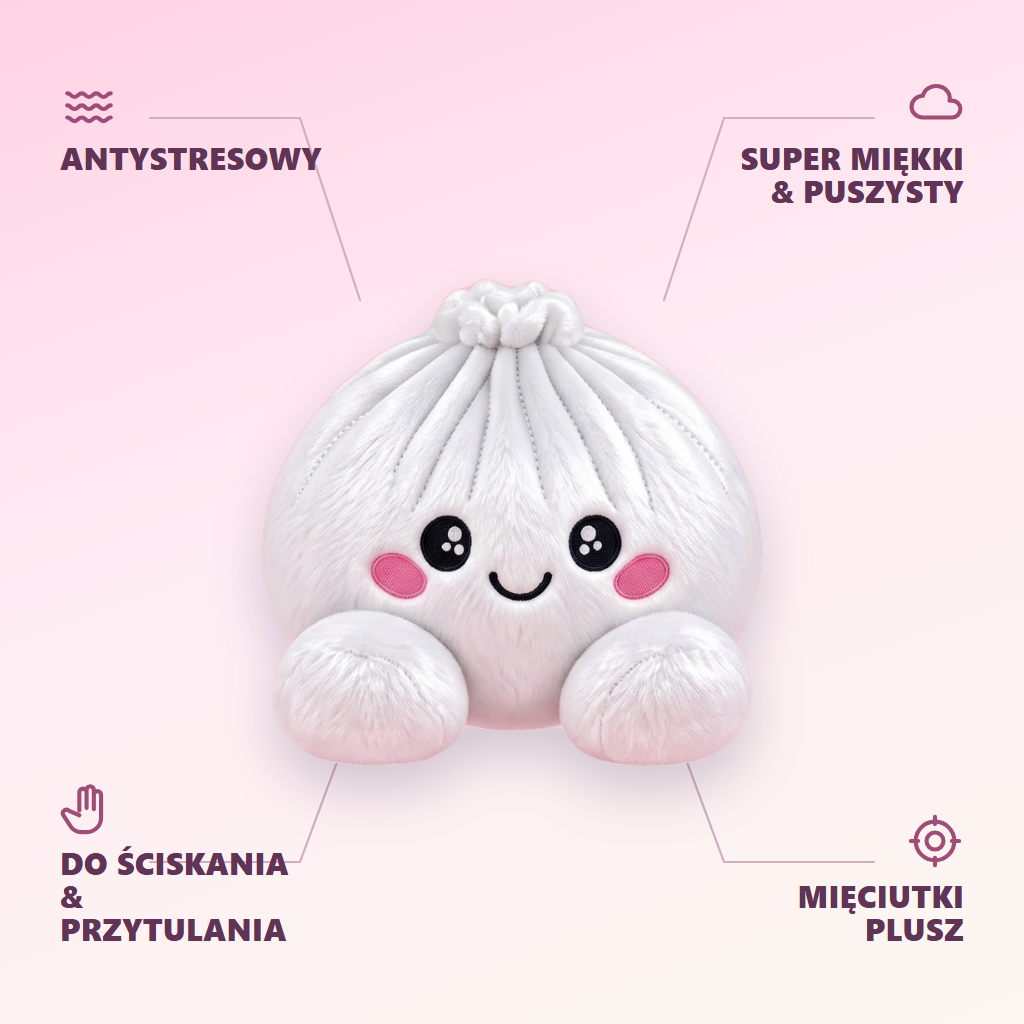 Squishy Dumpling Pluszowy Biały infografika: najważniejsze zalety