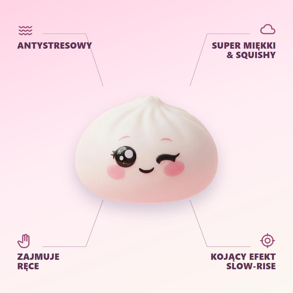 Squishy Dumpling Biały Przymrużone Oko infografika: najważniejsze zalety