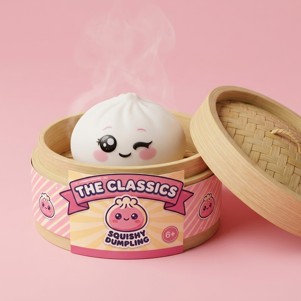 Squishy Dumpling Biały Przymrużone Oko w bambusowym koszyku