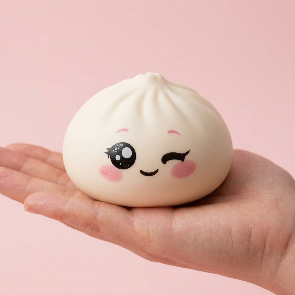 Squishy Dumpling Biały Przymrużone Oko w dłoni — porównanie rozmiaru