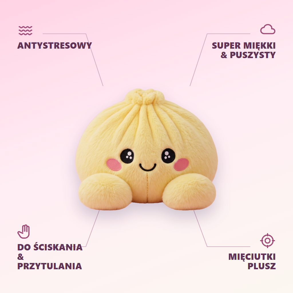 Dumpling Squishy Żółty Cytrynowy infografika: najważniejsze zalety